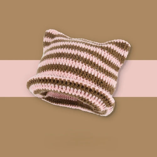 Kawaii Striped Devil Beanie π | Cute Cat Ear Knit Hat for Women πΎ | Cozy Winter Crochet Cap βοΈ