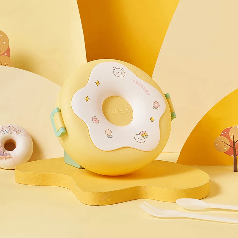 Kawaii Donut Cartoon Lunch Box π©β¨ - Leakproof Bento Box for Kids | 3-Compartment Snack Container with Fork & Spoon π₯π₯ | Perfect for School & Picnics!