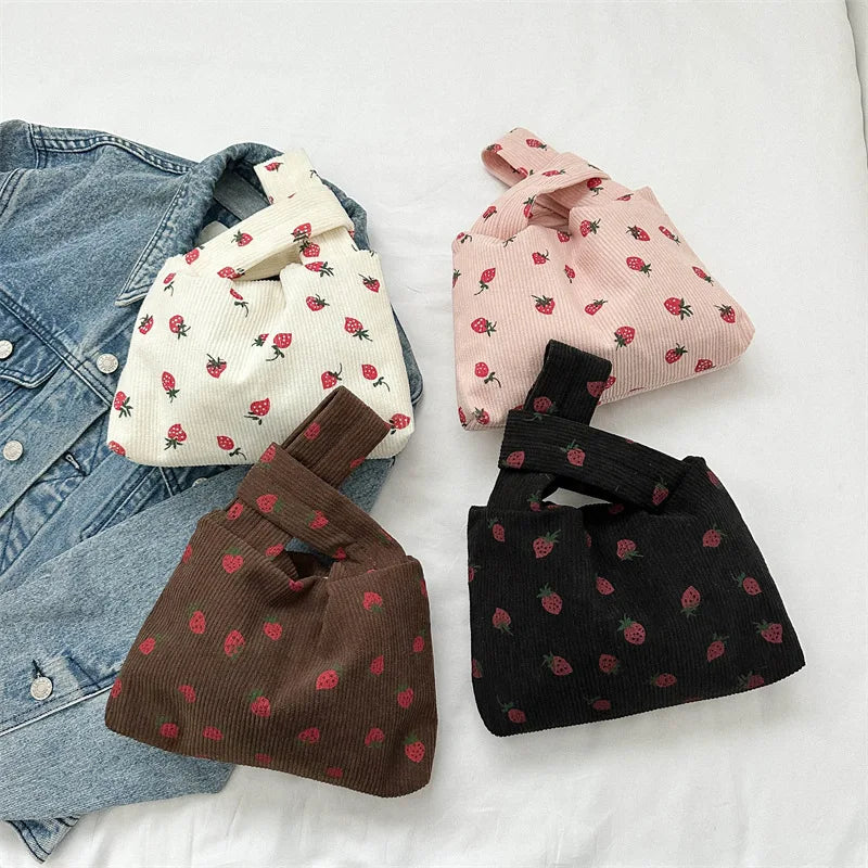 π Adorable Strawberry Delight Tote Bag π Cute Corduroy Handbag for Trendy Ladies! - Pixie Quill