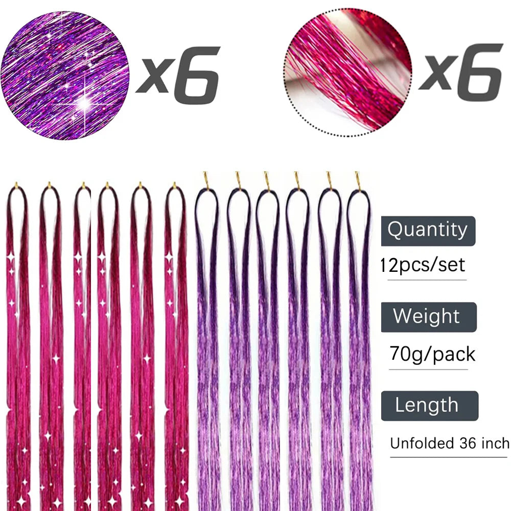 ✨Sparkly Fairy Hair Tinsel Set 🌈12 Shimmering Strands for Whimsical Hairstyles 🎉 Perfect for Parties & Festivals! 🦄✨