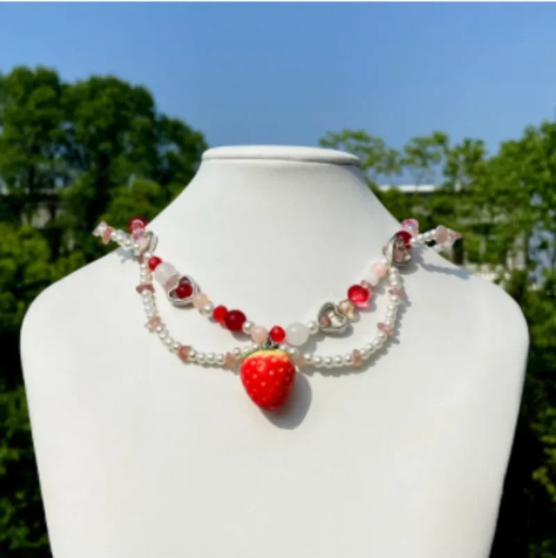Kawaii Strawberry Pearl Choker πβ¨ | Handmade Beaded Necklace | Adjustable Cute Gift for Her! π