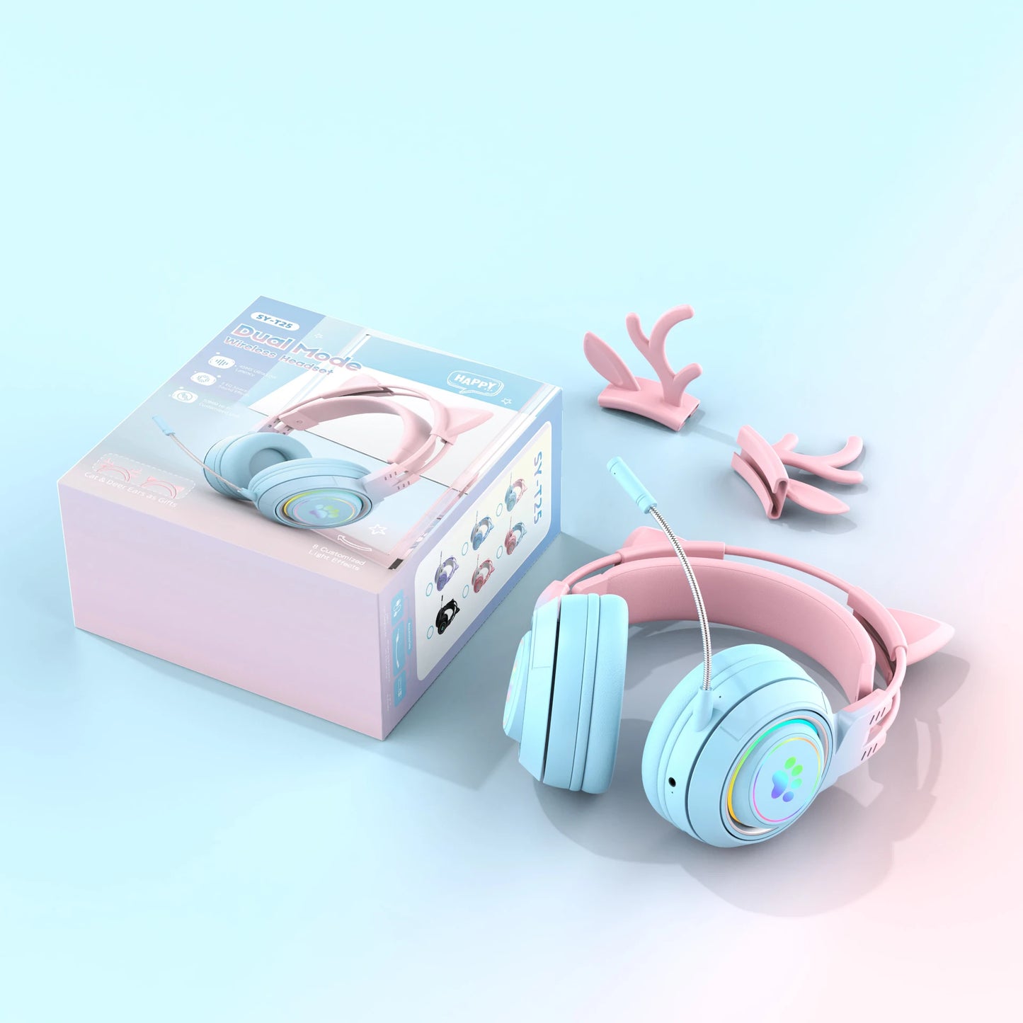 Kawaii Cat Ear Bluetooth Headphones π§β¨ - Cute Antlers Gaming Headset with RGB Lights for Kids πΎπ¦