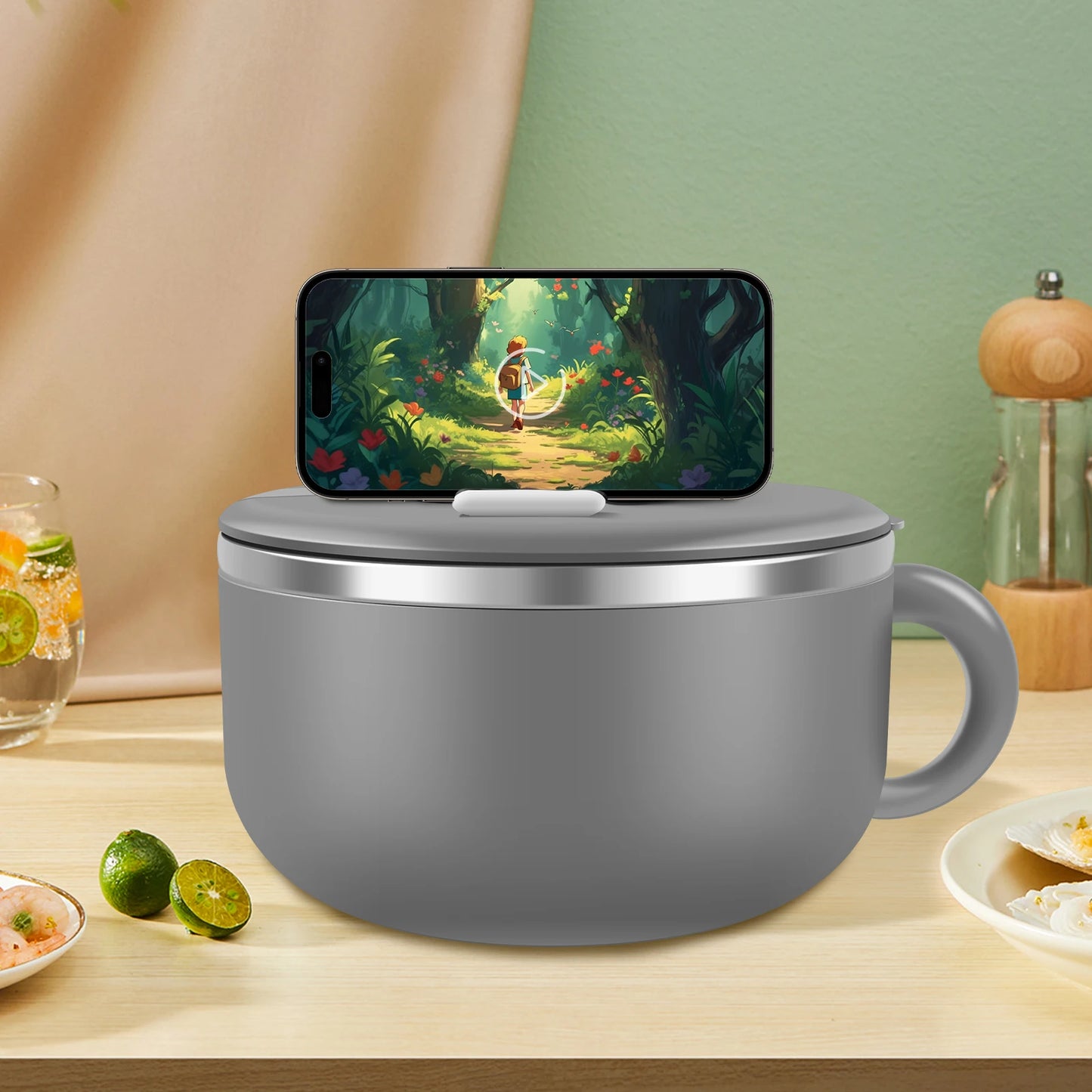 Kawaii 1200ml Stainless Steel Ramen Bowl πβ¨ with Cute Lid & Steam Vent - Perfect for Noodles, Soup, & Lunch On-the-Go! ππ₯’