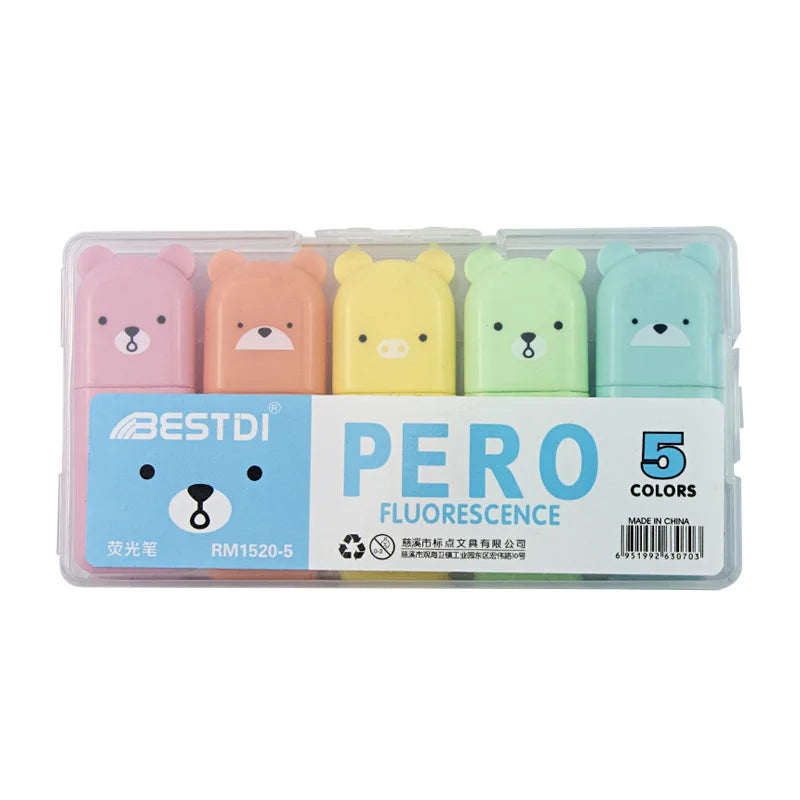 Adorable Kawaii Bear Highlighter Pens β¨ποΈ - Cute 4/5/6 Pack Candy Color Neon Markers for School Supplies!