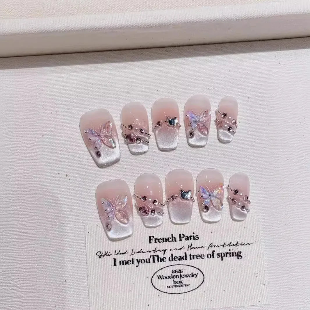 Kawaii 10-Piece Pink Coffin Press-On Nails with 3D Rhinestones & Butterfly Design 🦋💖✨ - Reusable & Easy to Apply!