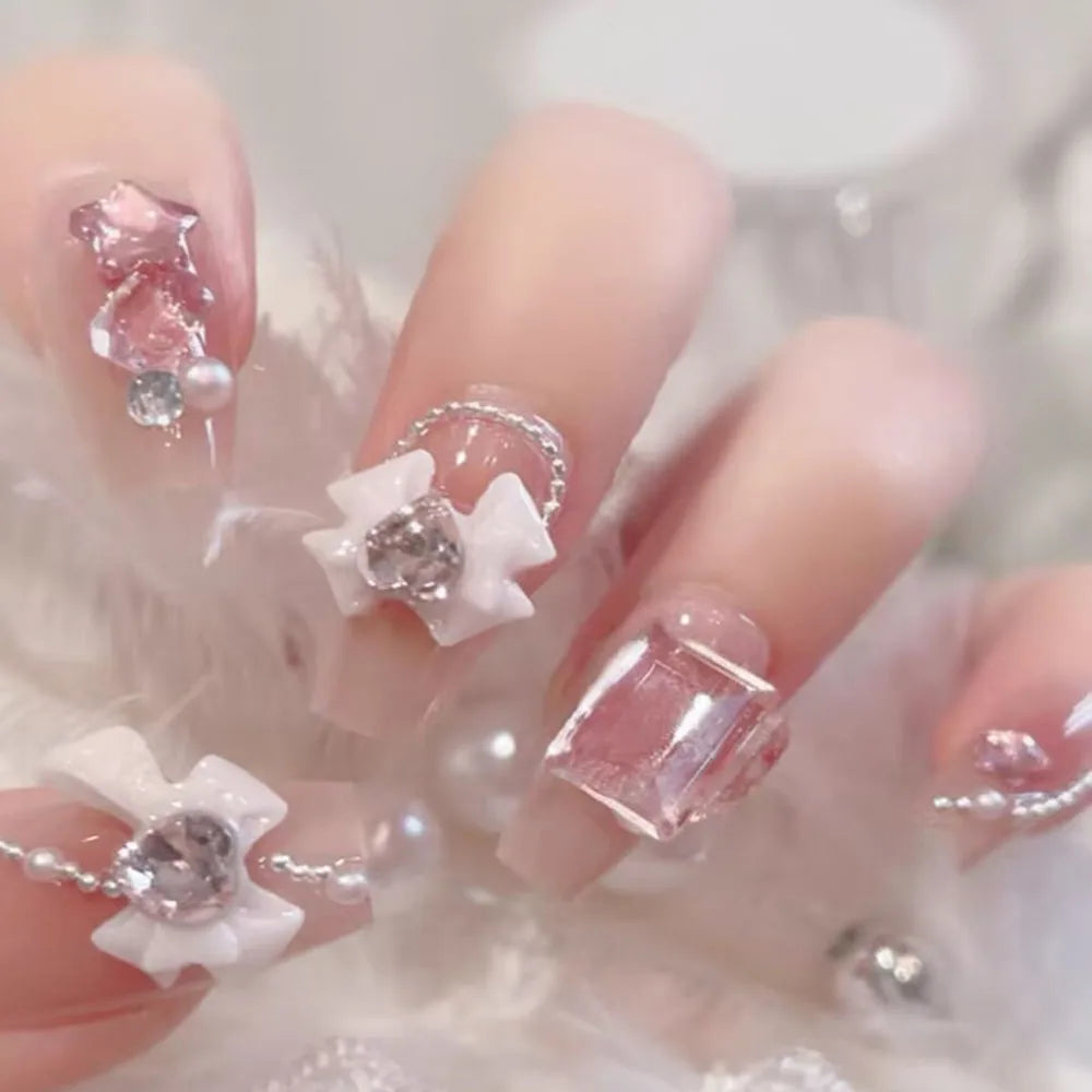 Kawaii Blush Pink 3D Bowknot & Pearl Press-On Nails πβ¨ | 24pcs Adorable Fake Nail Tips for Cute DIY Manicures!