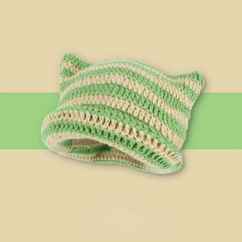 Kawaii Striped Devil Beanie π | Cute Cat Ear Knit Hat for Women πΎ | Cozy Winter Crochet Cap βοΈ