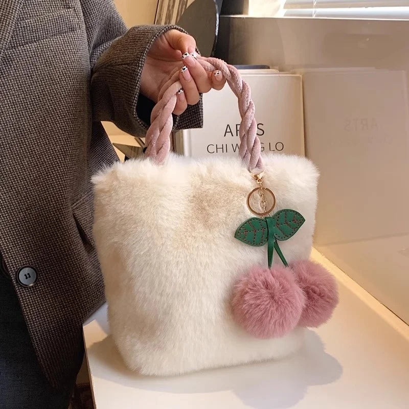 Kawaii Plush Faux Fur Crossbody Bag πΎβ¨ with Pompom Cherry & Fluffy String π - Cute Small Purse for Girls!