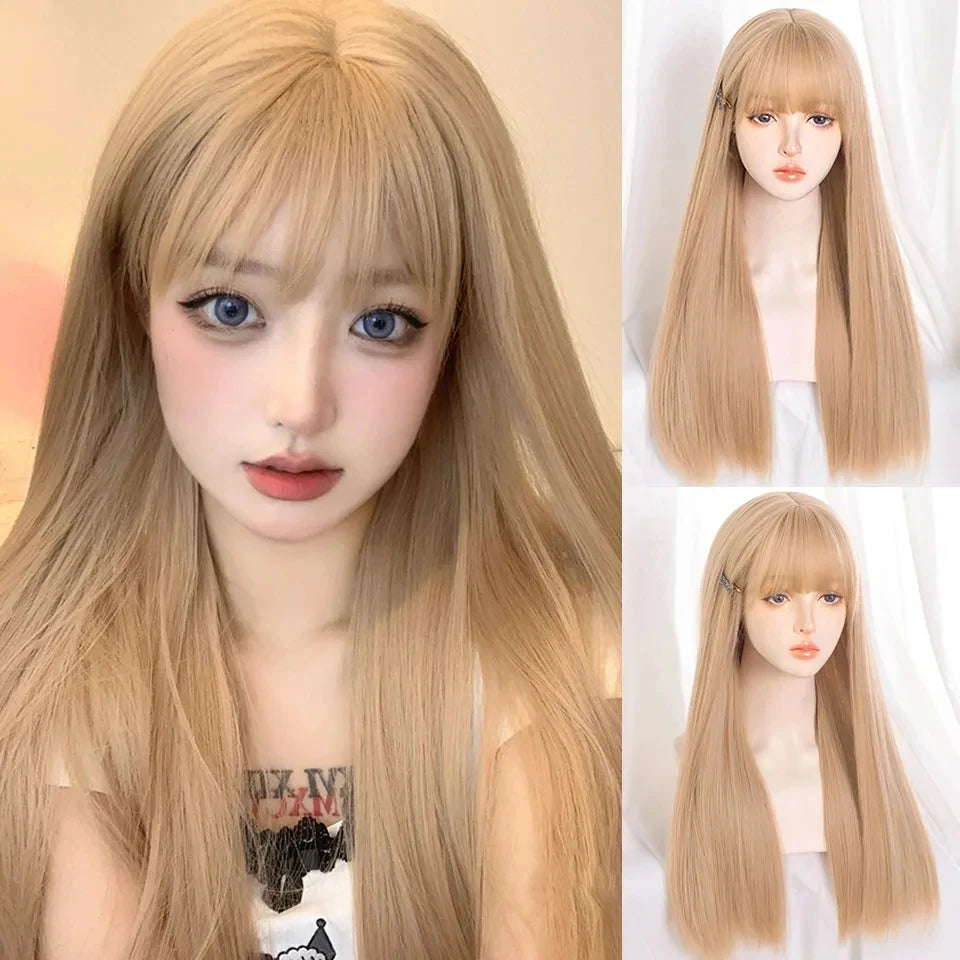 Enchanting Ombre Kawaii Wig πβ¨ - Long Straight Lolita Style with Bangs in Glacier Blue & Blonde!