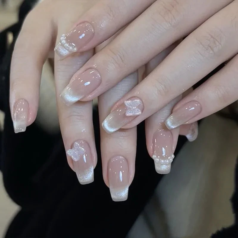 Kawaii 24pcs Pink Butterfly Press-On Nails π¦π | Jelly Gel False Nail Tips for Lovely Girls πΈβ¨ with Easy Application Tools