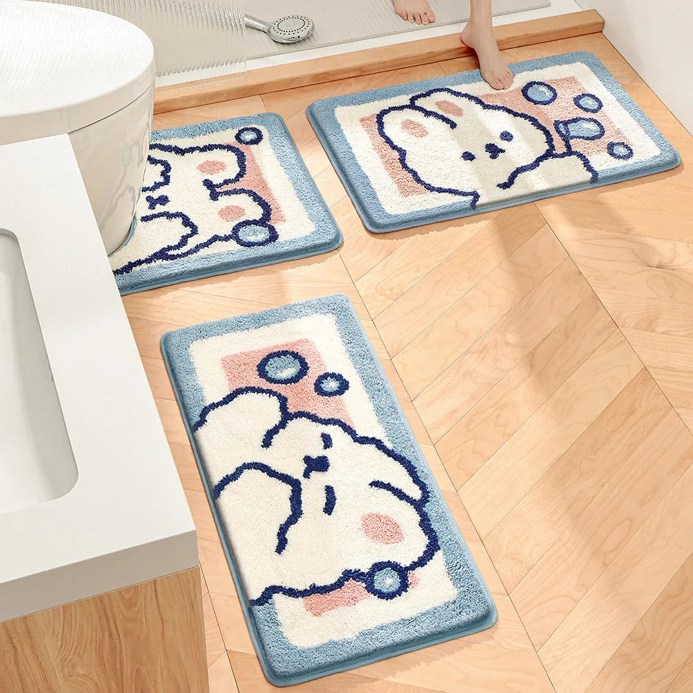 Kawaii Rabbit Bath Mat Set π°β¨ - Adorable 2-piece & 3-piece Thick Flocking Rugs for Bathroom, Bedroom & Kitchen! ππ