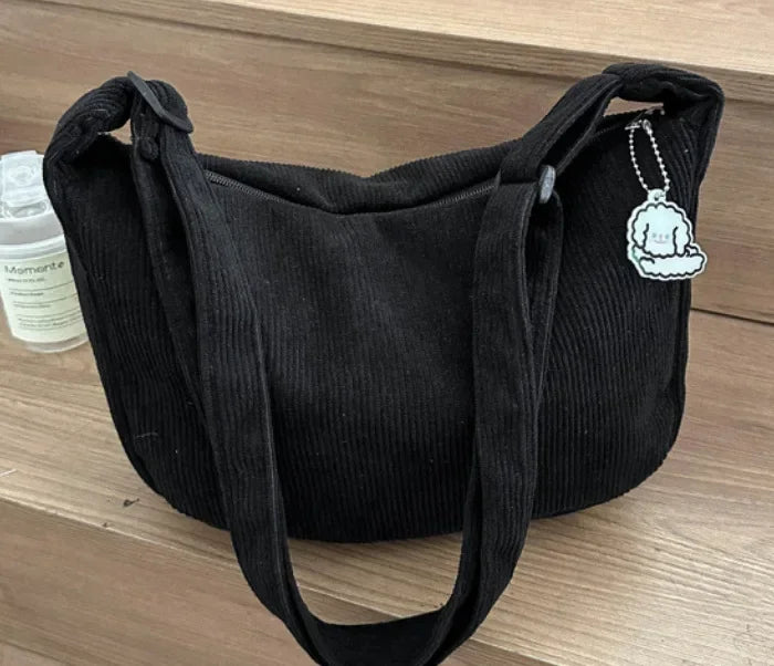 Kawaii Black Corduroy Dumpling Bag πβ¨ - Stylish Canvas Crossbody for Students! - Pixie Quill