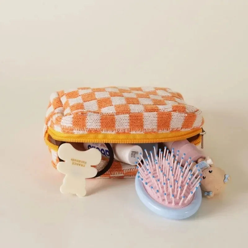 Kawaii Colorful Knitted Checkerboard Mini Makeup Pouch πβ¨ - Portable Cosmetic Bag for Women ππ