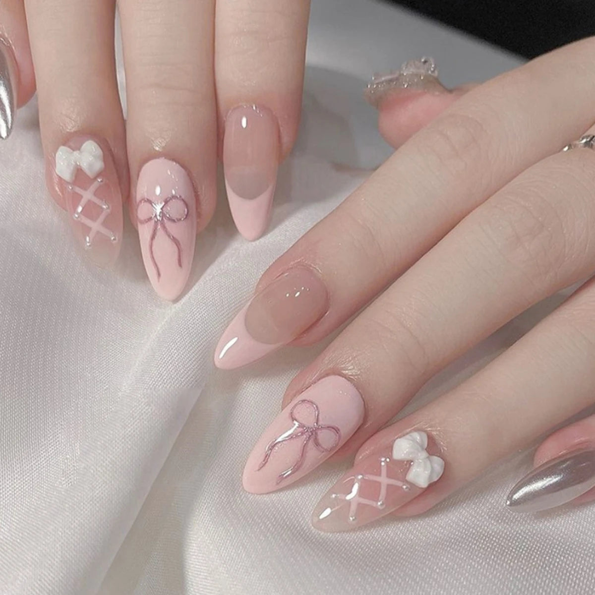 Kawaii Pink Bow French Nail Art - 24PC Almond Press-On Nails ππ
β¨
