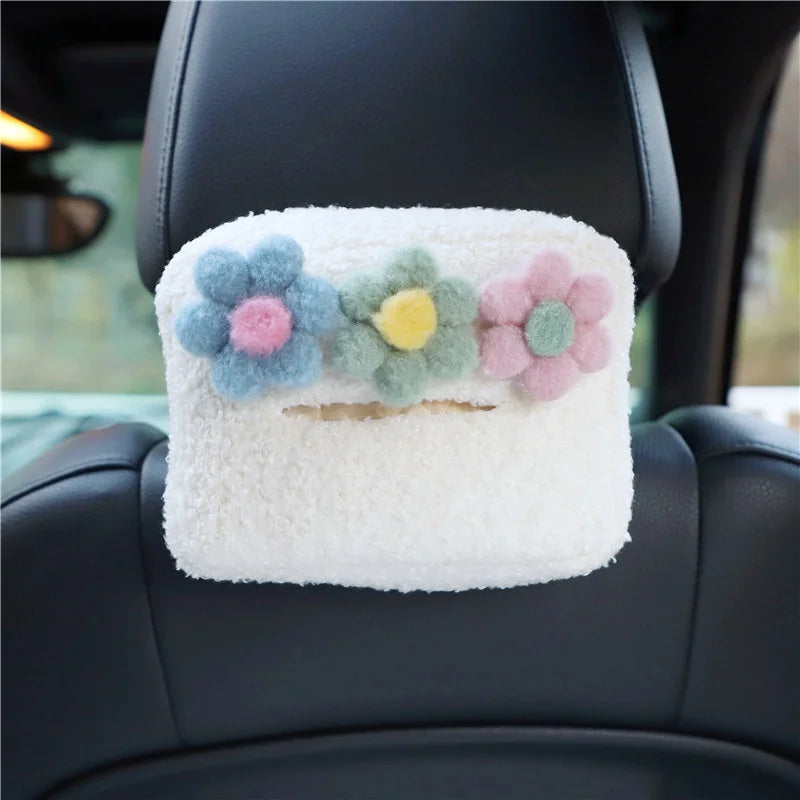 Kawaii Plush Flower Car Tissue Box πΈβ¨ Hanging Organizer for Visor - Adorable Auto Accessory! ππ