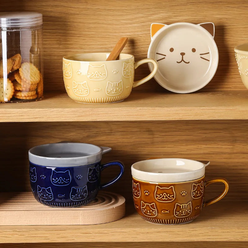 Kawaii Cat Coffee Mug βοΈπ± - Cute Ceramic Cup with Lid for Breakfast & Milk! πΈπ