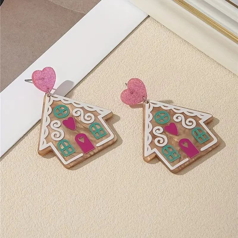 Pair Gingerbread House Earrings Acrylic Cute Hearts Pink Teal Christmas ππ