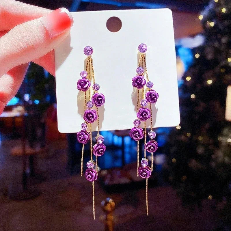 ๐นโจ Kawaii Rose Drop Earrings for Women - Trendy Alloy Tassel Jewelry with Sparkling Rhinestones! ๐๐