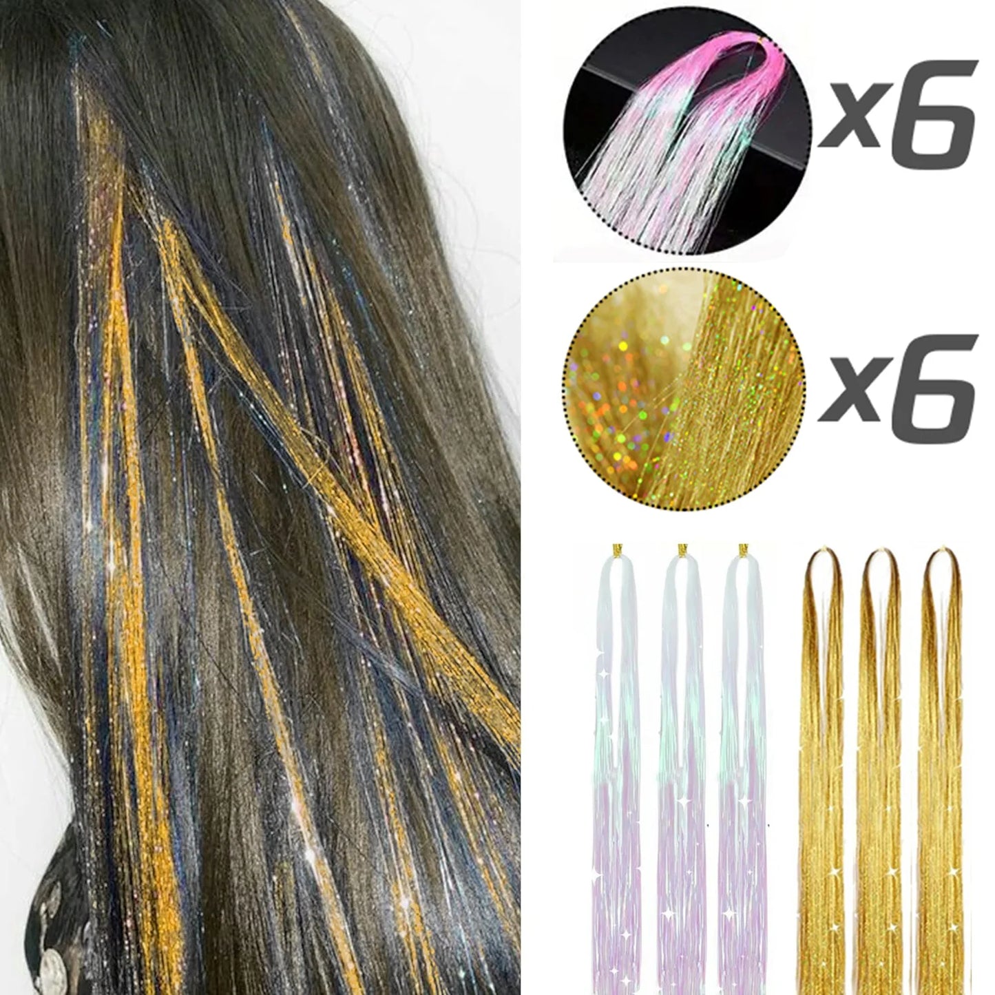 ✨Sparkly Fairy Hair Tinsel Set 🌈12 Shimmering Strands for Whimsical Hairstyles 🎉 Perfect for Parties & Festivals! 🦄✨