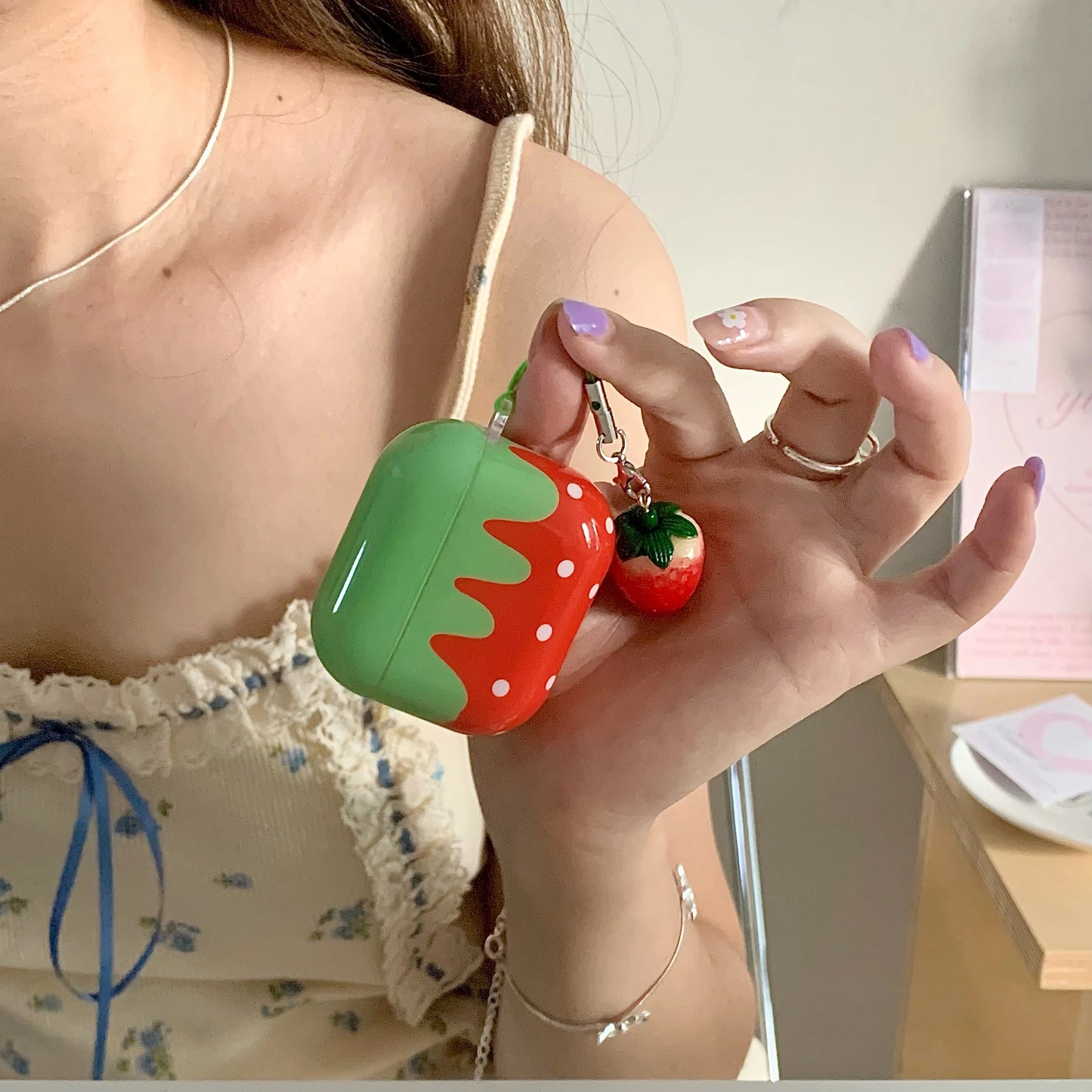 Kawaii Strawberry Dreams πβ¨ Cute Red Polka Dot AirPods Case with Charm Pendant - Shockproof & Stylish! π§π