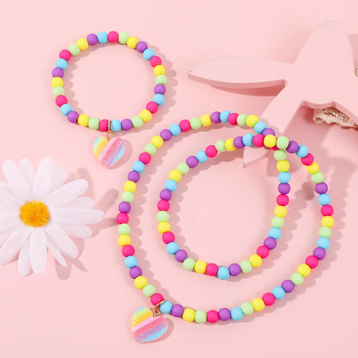 Kawaii Heart Charm Necklace & Bracelet Set ππ | Adorable Children's Jewelry Gift with Colorful Beads for Girls πβ¨