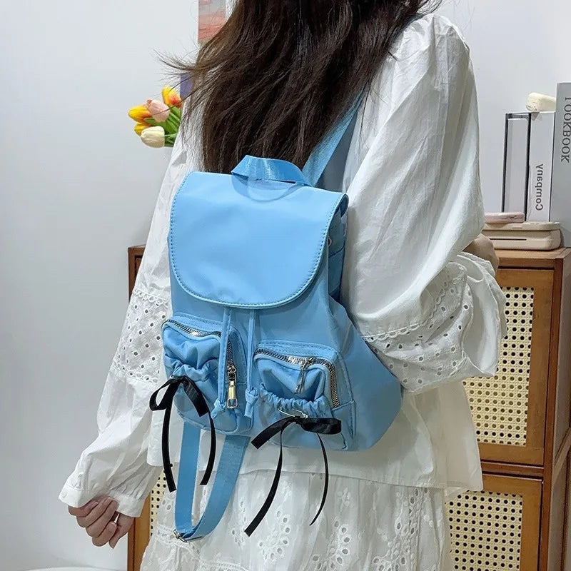 Kawaii Bow Backpack π | 2024 Trendy Nylon Girls' Backpack for Light Travels π | Casual Commuter Style β¨