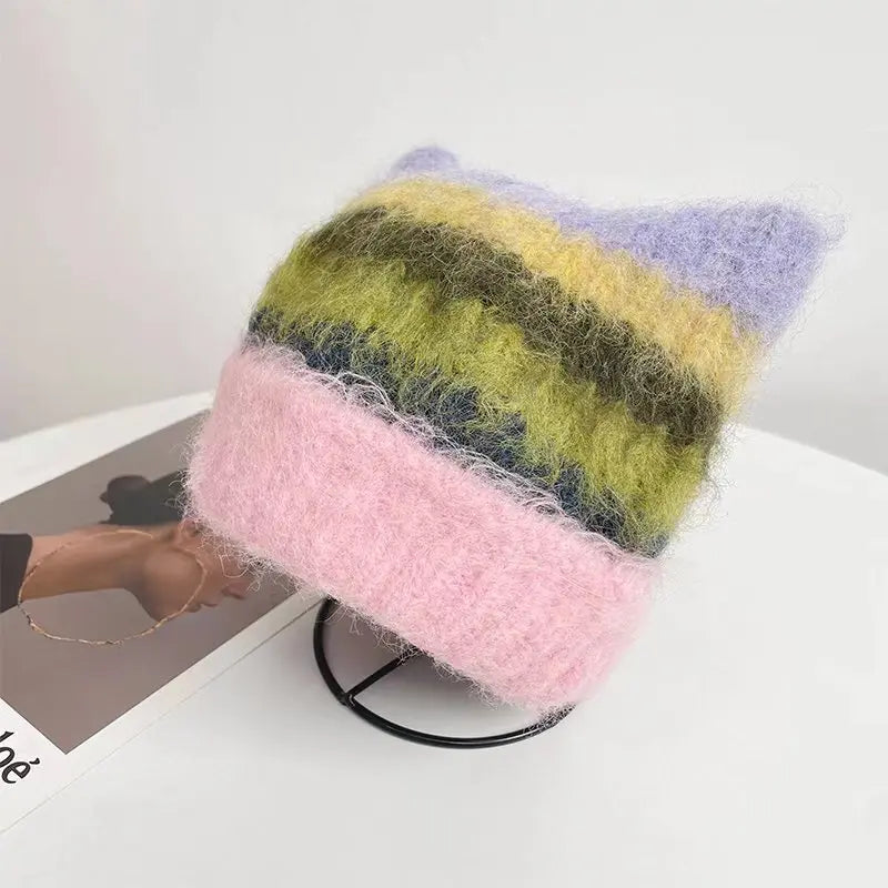 Kawaii Cat Ear Winter Beanie ๐พโจ Cozy Rainbow Knit for Women