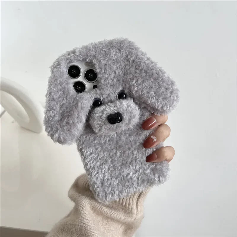 Kawaii 3D Fluffy Teddy Dog Phone Case for iPhone 16/15/14 - Adorable Plush Fur Cover πΆβ¨