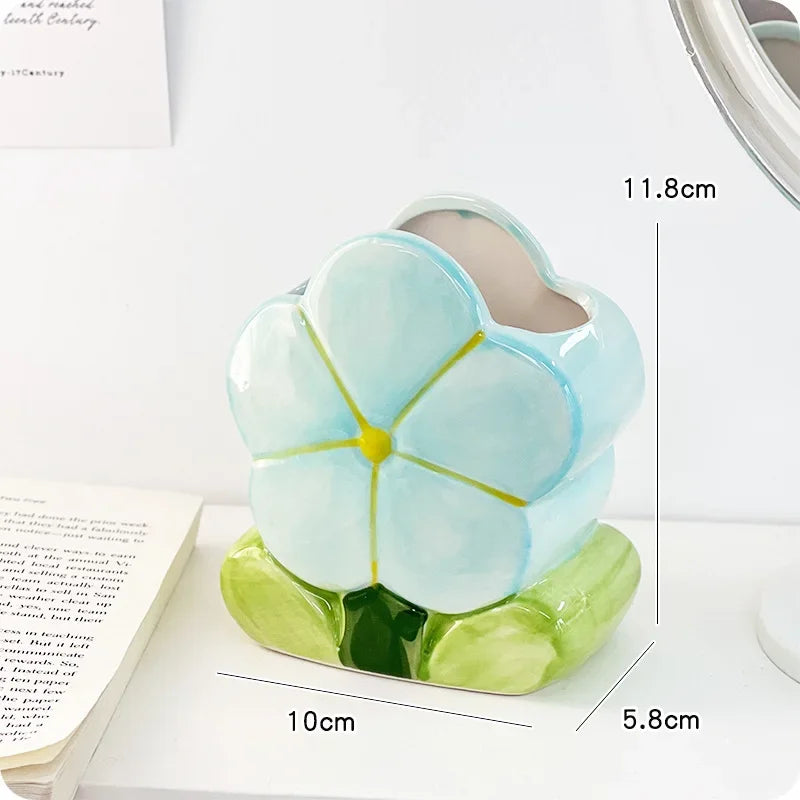 Kawaii Ceramic Flower Pen Holder πΈ Cute Girl Desktop Organizer ποΈ Adorable Office Storage Box π