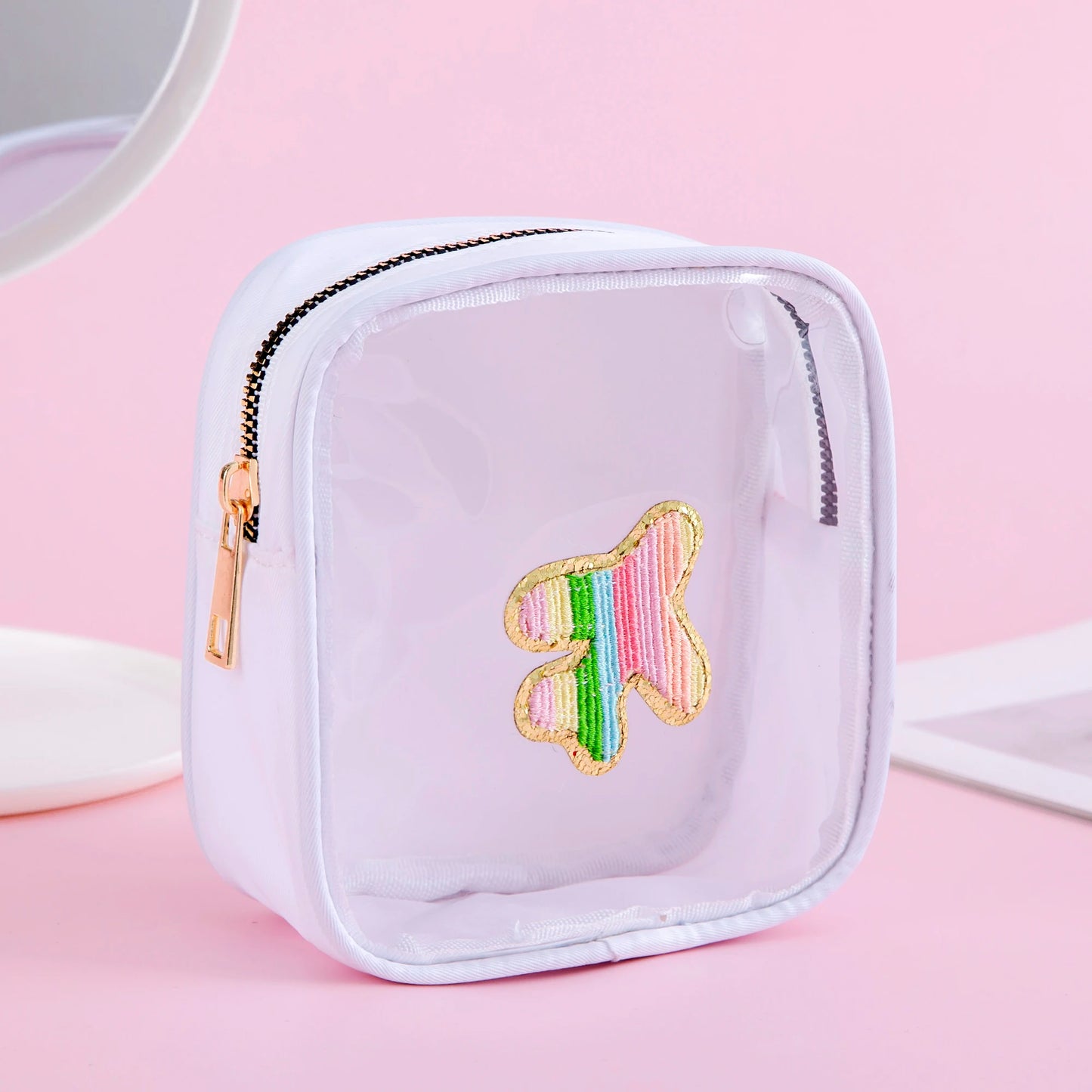Kawaii Mini Waterproof Lipstick Pouch β¨π Chenille Heart & Rainbow Plane Patches | Clear PVC Travel Makeup Bag πβοΈ Zippered Cosmetic Case