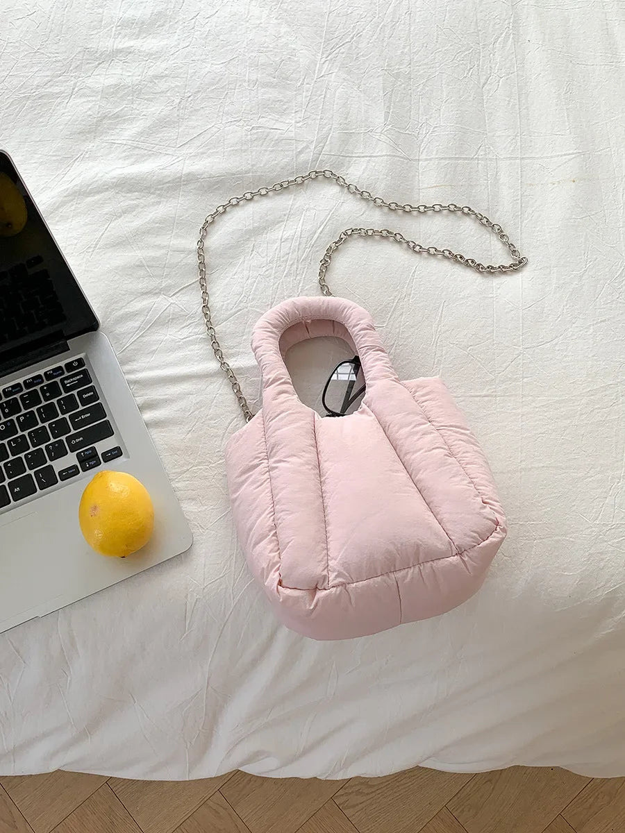 Kawaii Cozy Nylon Puff Tote 👜✨ | Mini Designer Handbag for Winter Fun ❄️💖 | Stylish Shoulder & Crossbody Bag with Chains