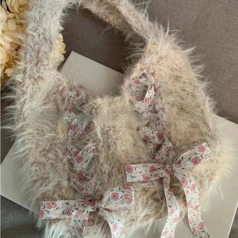 Kawaii Bow & Fluff Faux Fur Shoulder Bag πβ¨ - Y2K Chic Underarm Accessory for Women