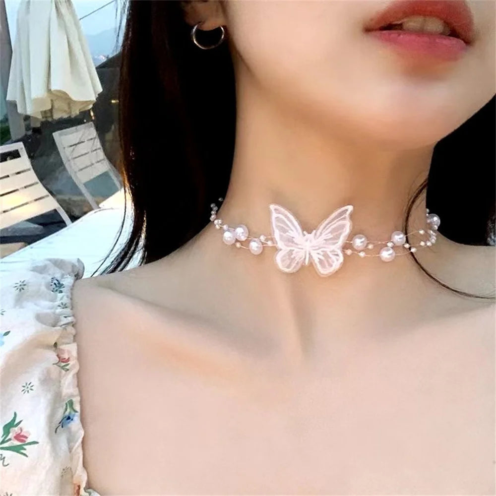 Kawaii Butterfly Choker Necklace with Imitation Pearls & Snake Chain β¨π Perfect for Party Vibes!