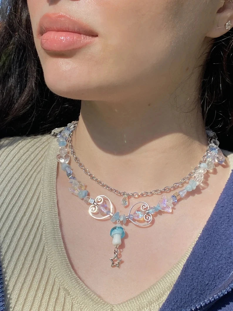Kawaii Blue Mushroom Crystal Choker πβ¨ | Grunge Aesthetic Pendant Necklace for Dreamy Fashion Lovers ππ