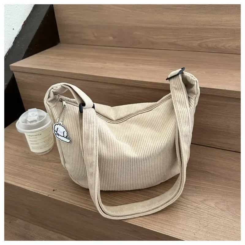 Kawaii Black Corduroy Dumpling Bag πβ¨ - Stylish Canvas Crossbody for Students! - Pixie Quill