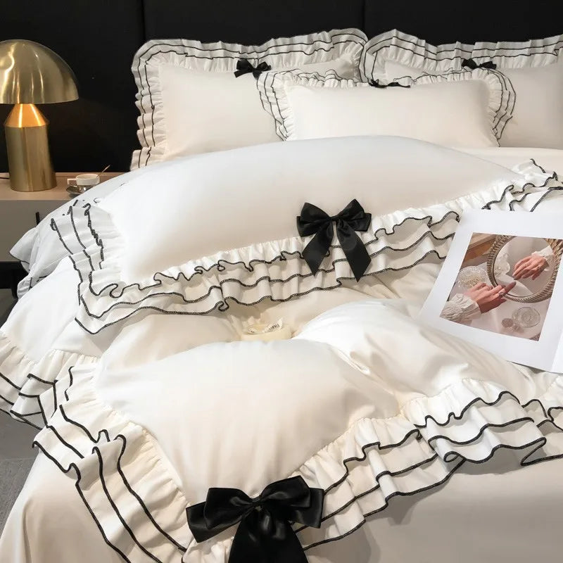 Adorable Ruffle White Duvet Cover Set ๐ธโจ Soft Microfiber Girls' Bedding with Cute Bow-Knots ๐ 3/4/6Pcs Options