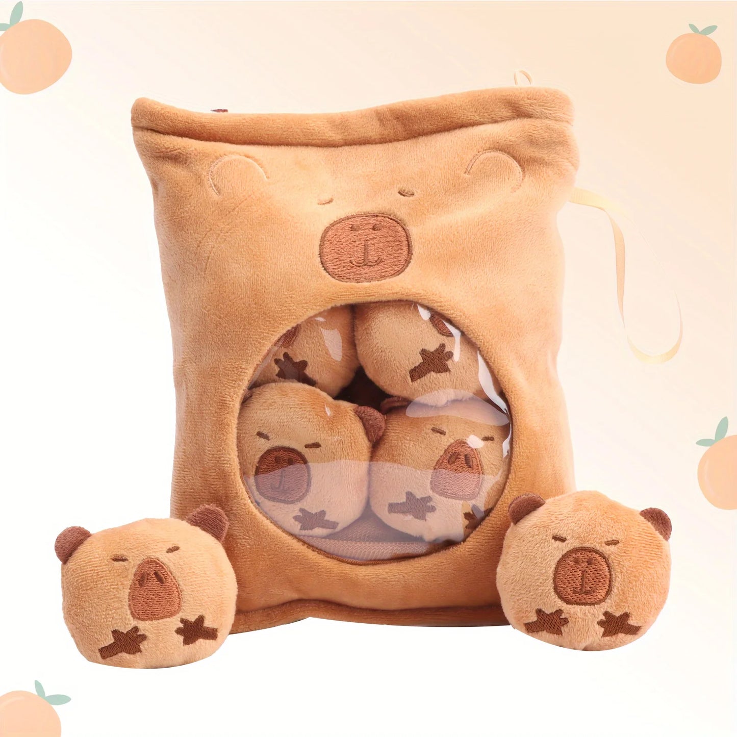 Adorable Kawaii Capybara Plush Snack Bag πΎπ - Cute & Soft Animal Bag with 4 Tiny Capybara Cubs!