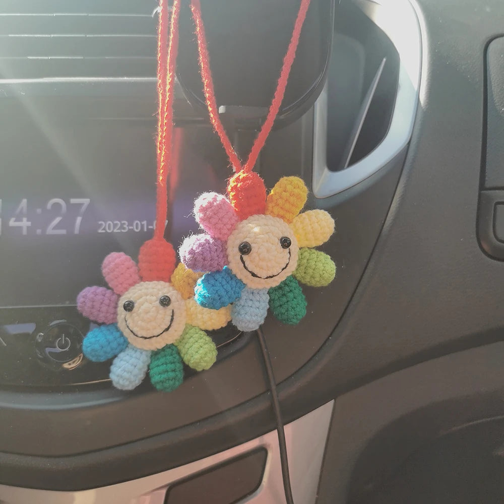 Kawaii Rainbow Flower Waffle Car Mirror Charm ๐ธโจ | Handmade Crochet Decor for Joyful Vibes!