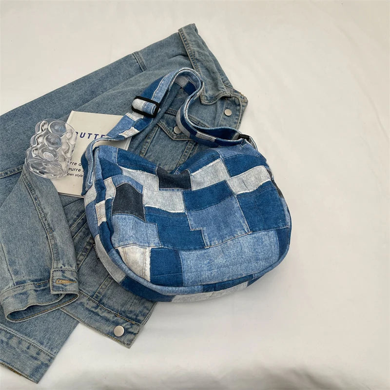 Kawaii Denim Dream πβ¨ - Patchwork Shoulder Bag for Trendy Girls, Versatile Messenger Hobo Style! ππ