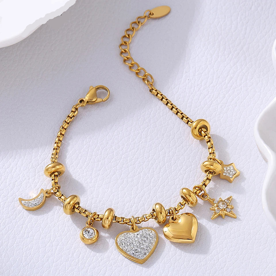 Kawaii 316L Stainless Steel Heart Charm Bracelet πβ¨ - 18k Gold-Plated with Sparkling Zircon Pendants! ππ