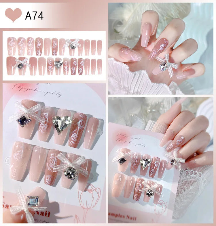 Kawaii Blush Pink 3D Bowknot & Pearl Press-On Nails πβ¨ | 24pcs Adorable Fake Nail Tips for Cute DIY Manicures!