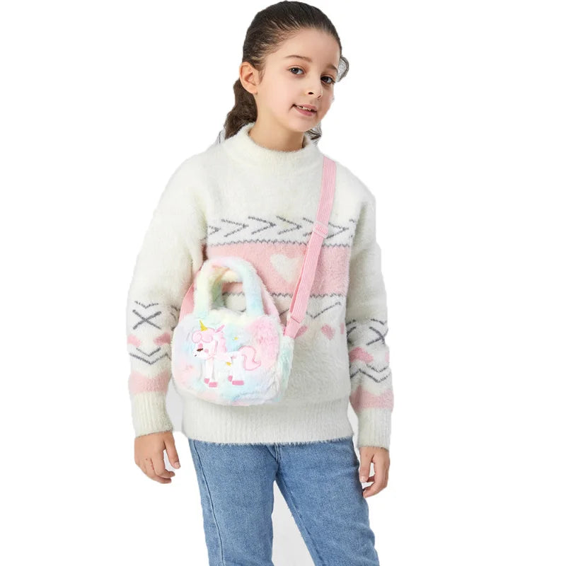 Kawaii Unicorn Plush Crossbody Purse π¦β¨ Fluffy Rainbow Handbag for Little Girls ππ Cute Cartoon Furry Shoulder Bag