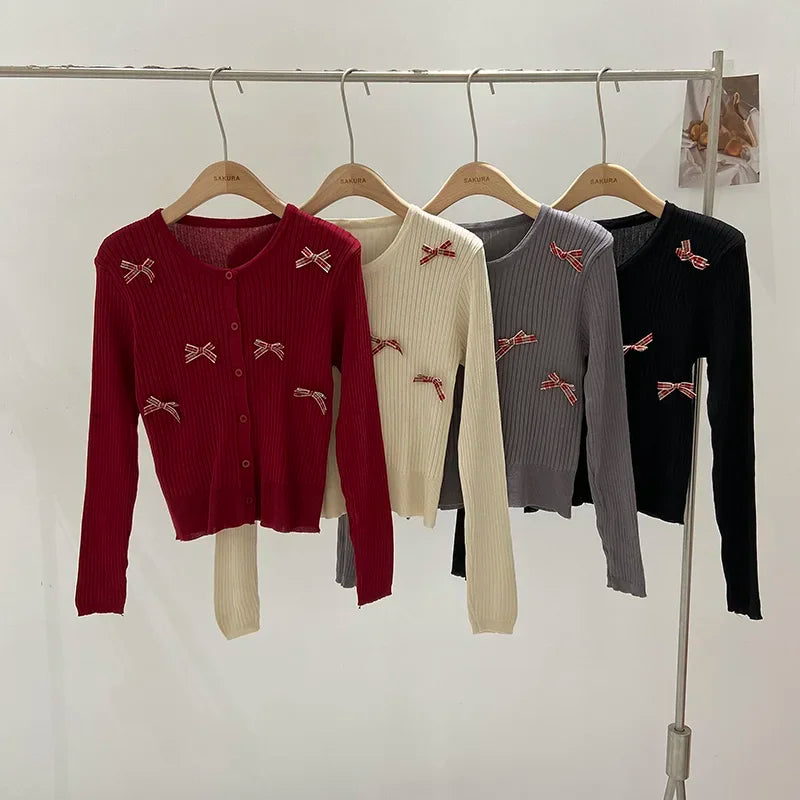 Kawaii Bow-Embellished Cardigan πΈ | Adorable Round Neck Knit Sweater for Women π | Perfect for Spring & Autumn πβ¨