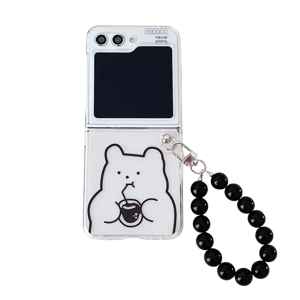 β¨ Adorable Bear Pearl Bracelet Case for Samsung Galaxy Z Flip 5, 4, 3 - Cute Cartoon Clear Cover! π»π