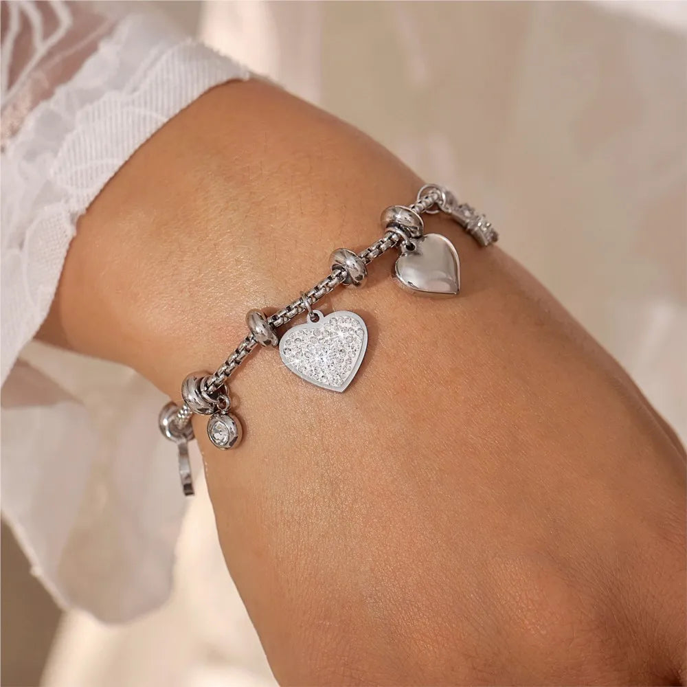 Kawaii 316L Stainless Steel Heart Charm Bracelet πβ¨ - 18k Gold-Plated with Sparkling Zircon Pendants! ππ