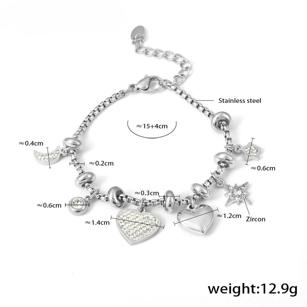 Kawaii 316L Stainless Steel Heart Charm Bracelet πβ¨ - 18k Gold-Plated with Sparkling Zircon Pendants! ππ