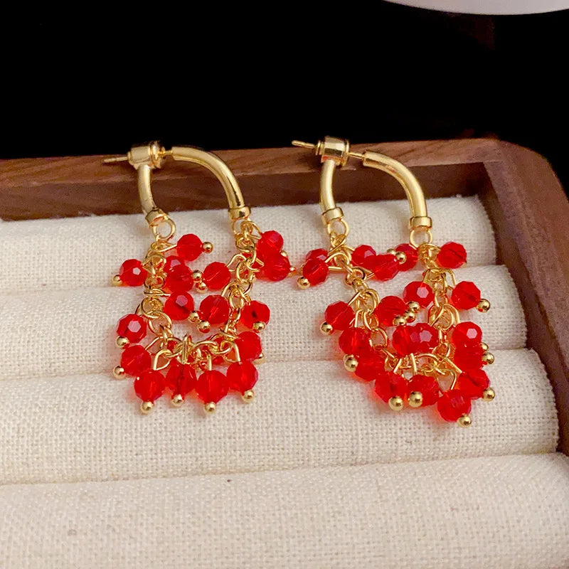 Red Crystal Beaded Tassel Earrings for Women, Elegant Luxury Jewelry ✨💖
