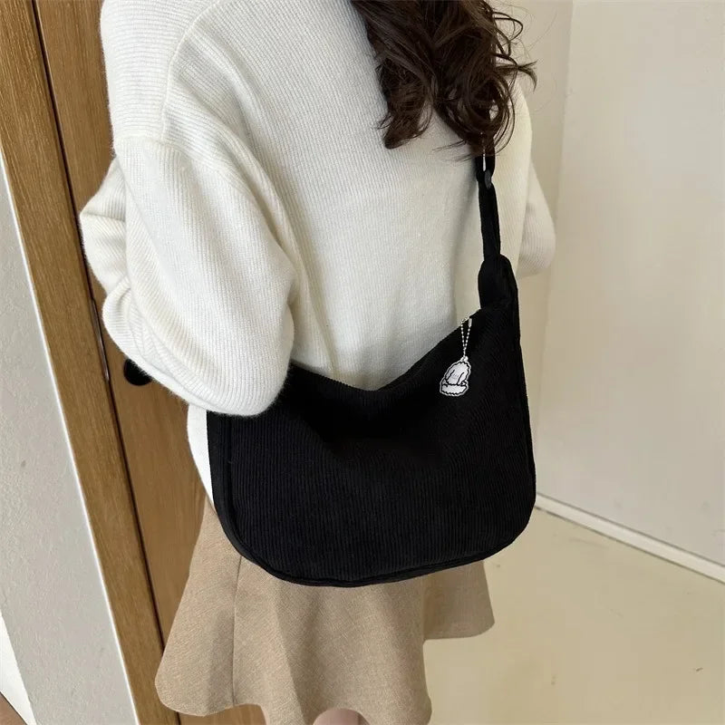 Kawaii Black Corduroy Dumpling Bag πβ¨ - Stylish Canvas Crossbody for Students! - Pixie Quill