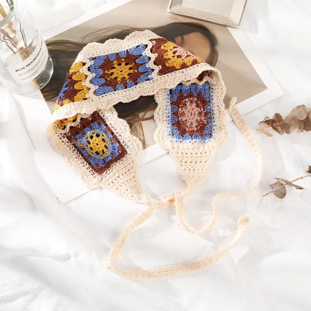 Kawaii Boho Flower Crochet Headband πΈβ¨ Vintage Turban Hair Scarf for Women - Fashionable Accessory for Every Season!