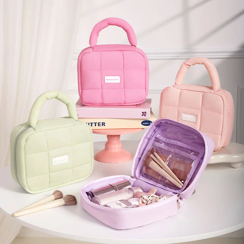 Kawaii Puffed Cosmetic Bag πΈβ¨ Cute Quilted Toiletry Pouch for Travel ππ Multi-Purpose Makeup Case